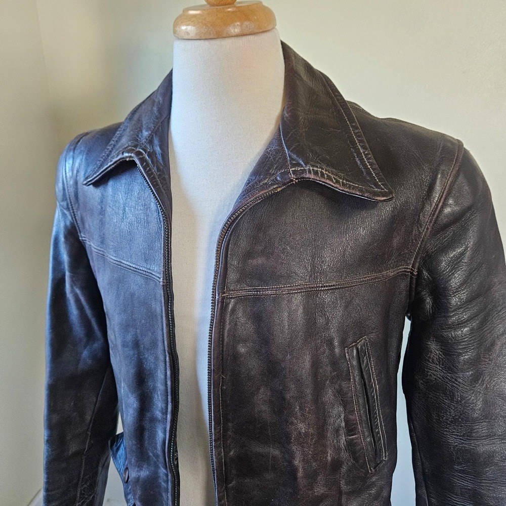 Vintage Penneys‎ Towncraft Leather Car Coat Brown 50s 60s Talon Zip Distressed - Picture 3 of 16